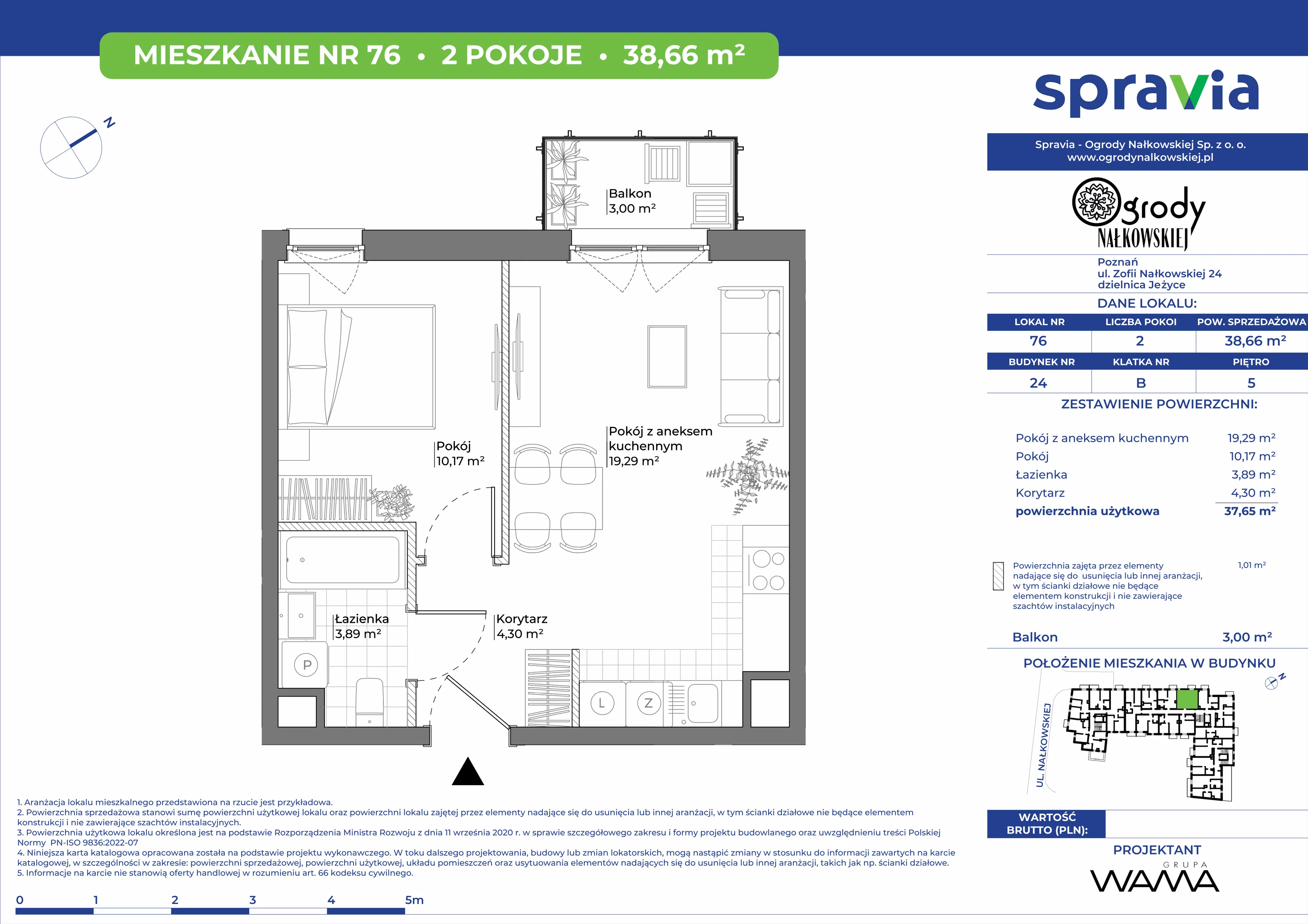 2 pokoje, mieszkanie 38,66 m², piętro 5, oferta nr 24-76, Ogrody Nałkowskiej, Poznań, Ogrody, ul. Nałkowskiej 24, 26